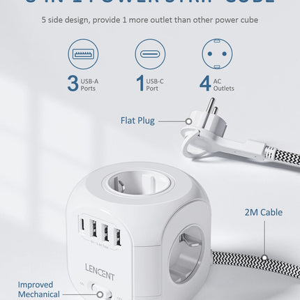 LENCENT EU Plug Power Strip with 4 AC Outlets 3 USB Port 1 Type C 2M/3M Braided Cable Multi Socket with Switch for Home