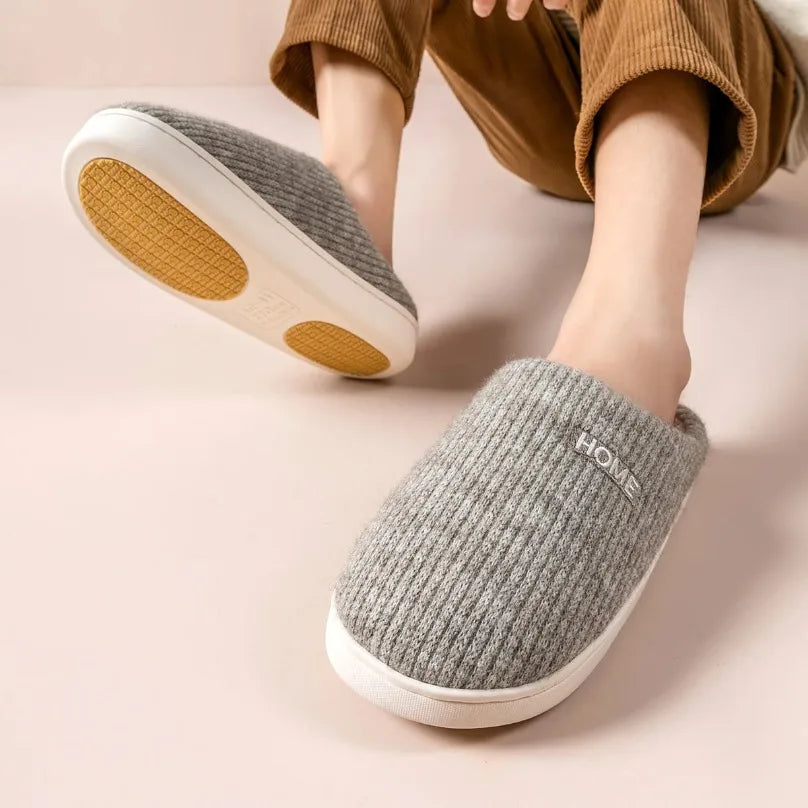 House Fuzzy Slipper Women Striped Winter Warm Fur Plush Non Slip Grip Indoor Lazy Soft Female Thermal Home Shoe Flat Male Men