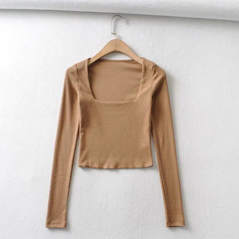 Women Cotton Ribbed Square Neck Crop Top With Long Sleeve