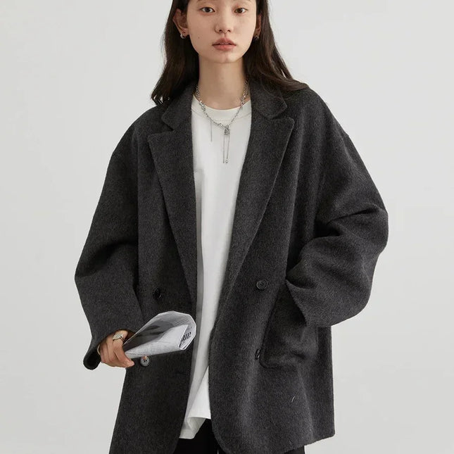 CHIC VEN Women's Woolen Coats Loose Casual Double Breasted Retro Double-sided Jacket Office Lady Outerwear Autumn Winter 2023