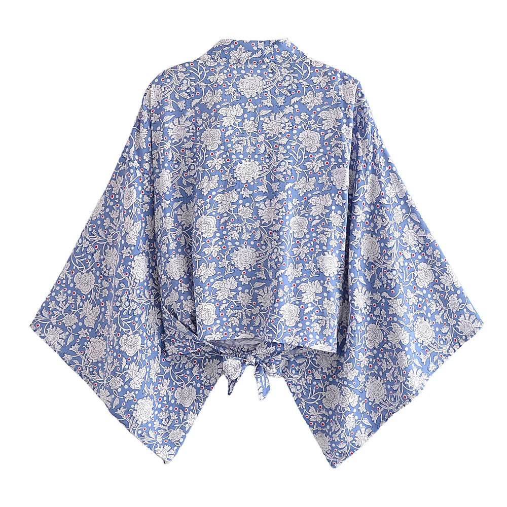 Boho Vintage Floral Print Beach Summer Short Kimono Women Fashion Ladies Casual V Neck Batwing Sleeves Bohemian Cover-ups