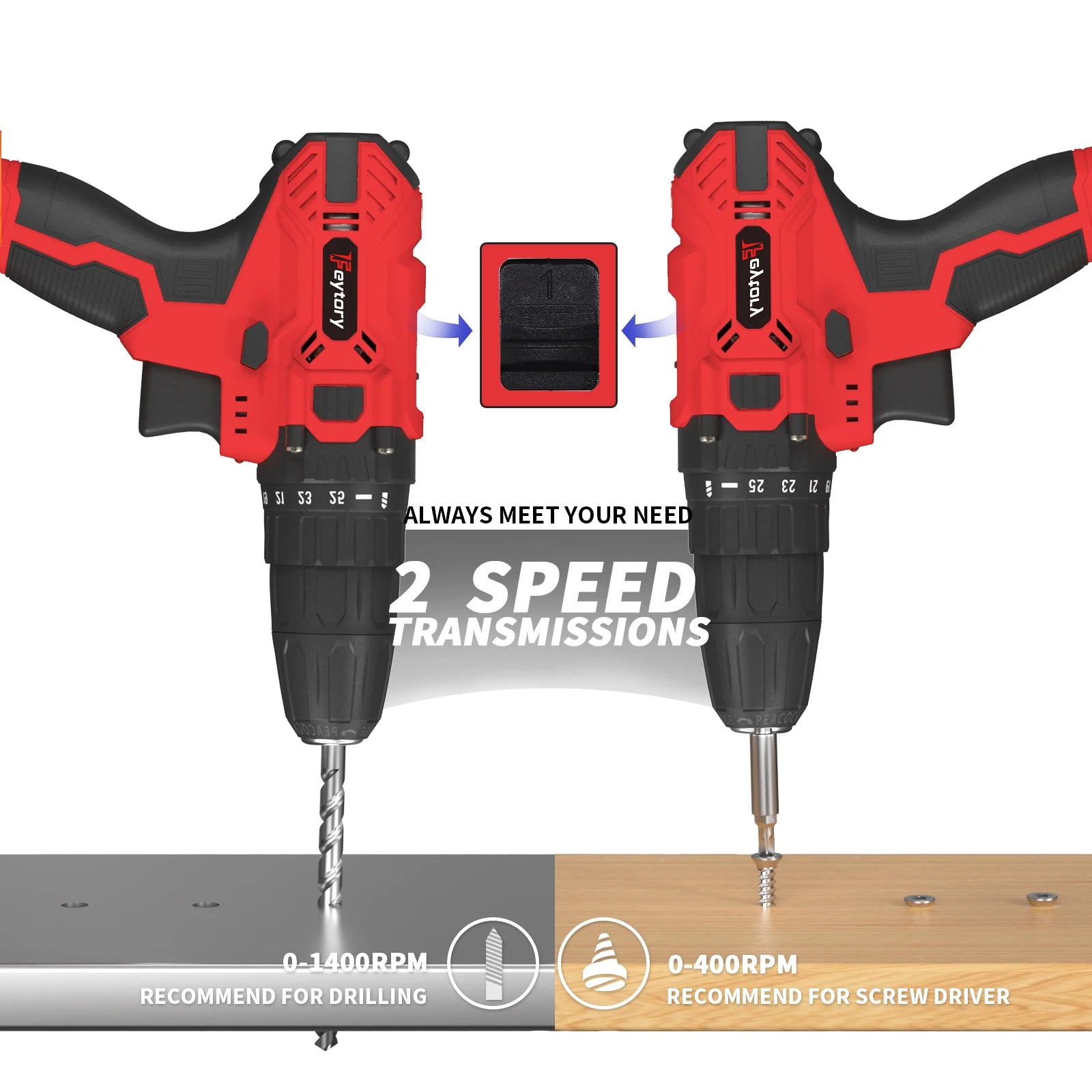 Feytory 21V Cordless Power Drill with 1500mAh Battery Electric Drill Driver 25+1 Torque 45Nm Screwdriver Kit Combi Drill 3/8