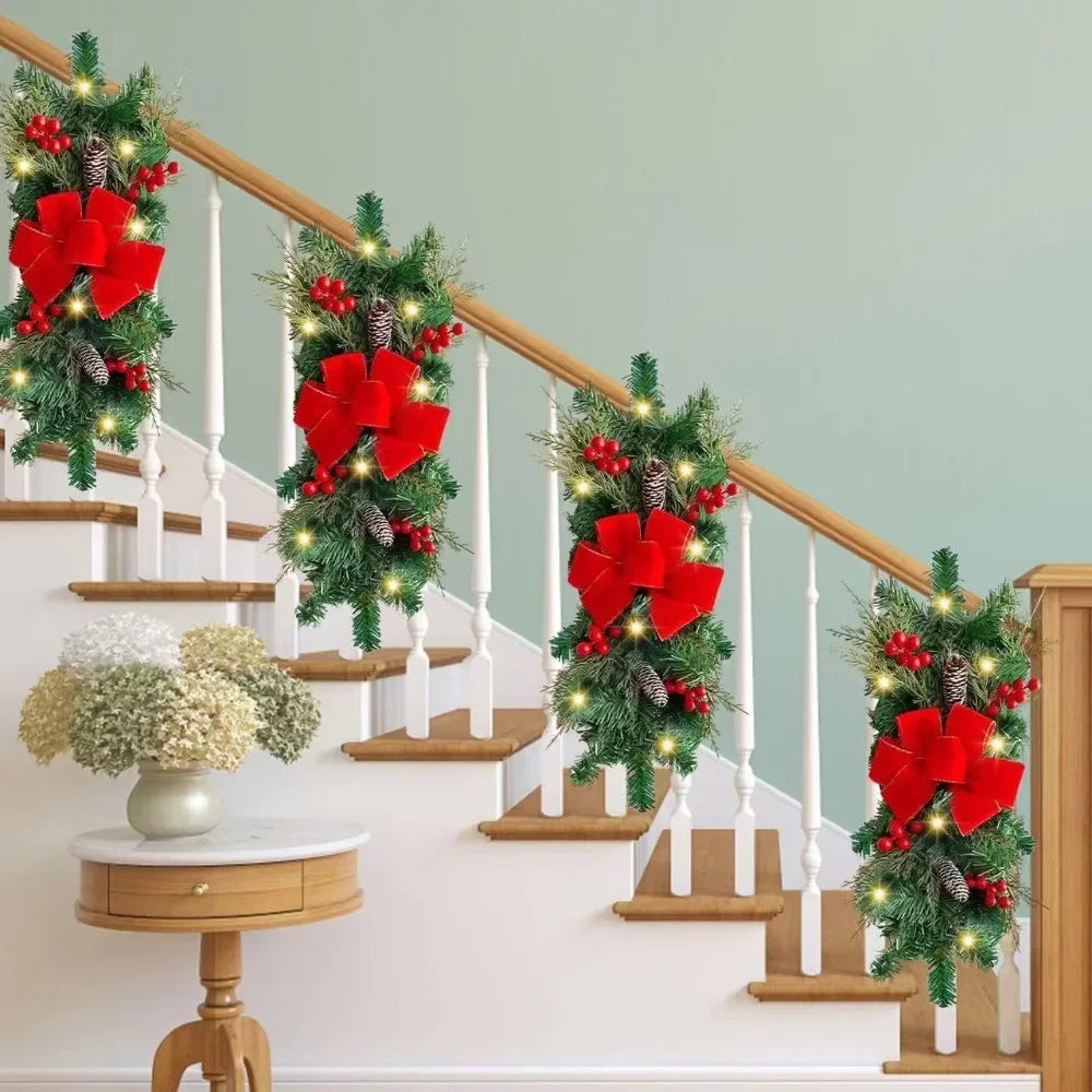 Christmas Wreath Door Decoration LED Staircase Red Rattan Bow Door Wreath Pine Cone Decoration Christmas Wreath Home Decor