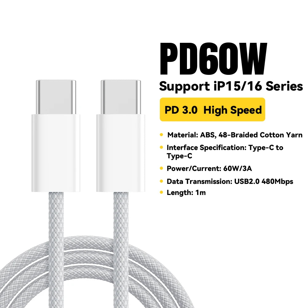 Essager 60W USB C Cable For iPhone 16 15 Plus Pro Max Xiaomi Type C Cable For Macbook Pro iPad PD Fast Charger Cord Type-C Cable