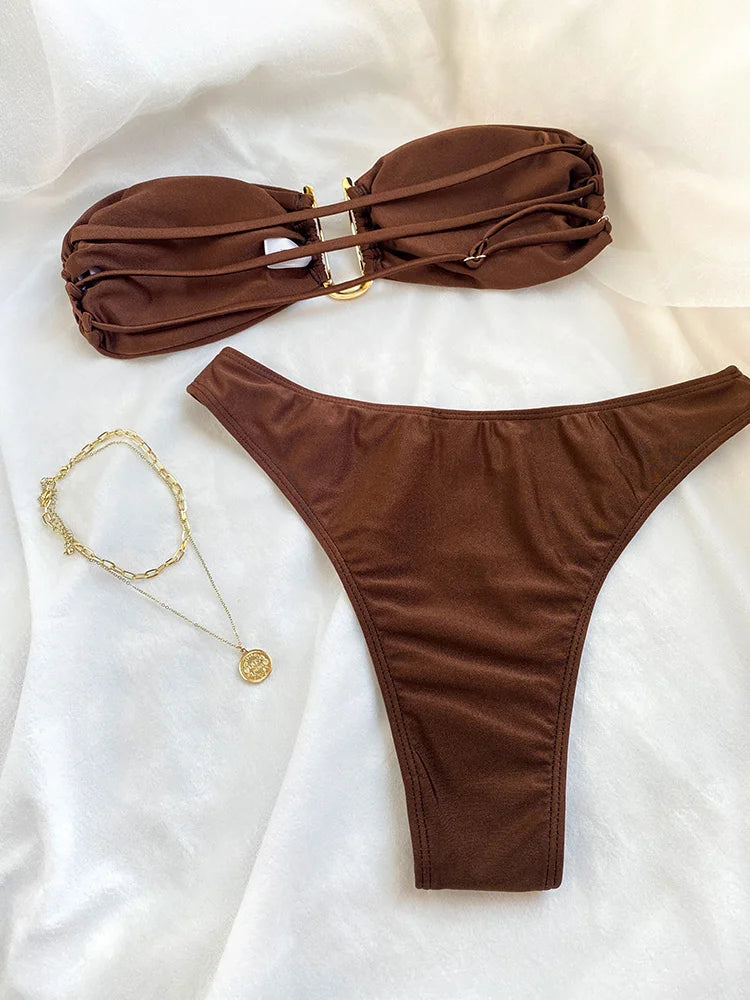 Solid Color Bikinis Push Up Swimwear Women Halter Bikini Set Shiny Swimsuit Push Up Bathing Suits Bandage Beachwear Thong