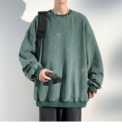 New Autumn Round Neck Washed  Men's Hoodie Sweatshirt  Couple Long Sleeve Loose Europe and America Street Boy Pullover Sweater