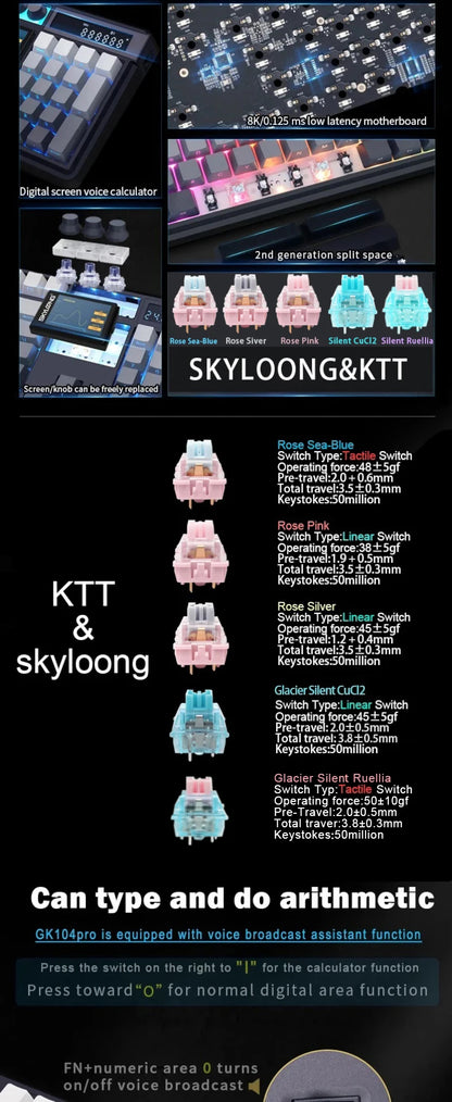 SKYLOONG GK104 Pro Full-Size 3-Mode Wireless Mechanical Keyboard with 2.0 Screen 3 Knobs Hot-Swappable Silent Switch PBT keycaps