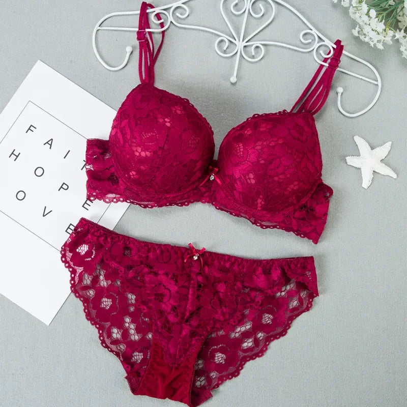 1 Set Elegant Erotic Lace Embroidery Breathable Fabric Lingeries : Push-Up Bra, Low Waist Sheer Panty - Ultimate Valentine's Day