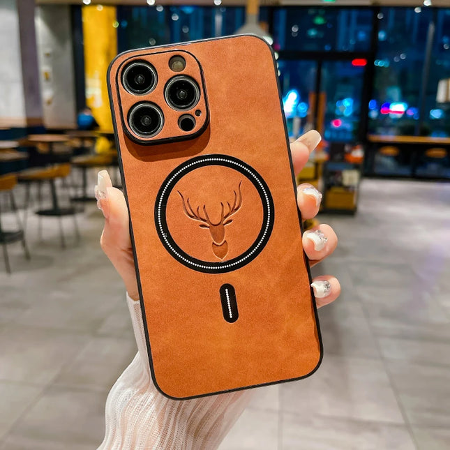 Luxury PU Deer Leather Case For iPhone 16 Pro Max 15 14 13 12 11 Pro Max 15Pro 14Pro 13Pro For Magsafe Wireless Charge Back Case