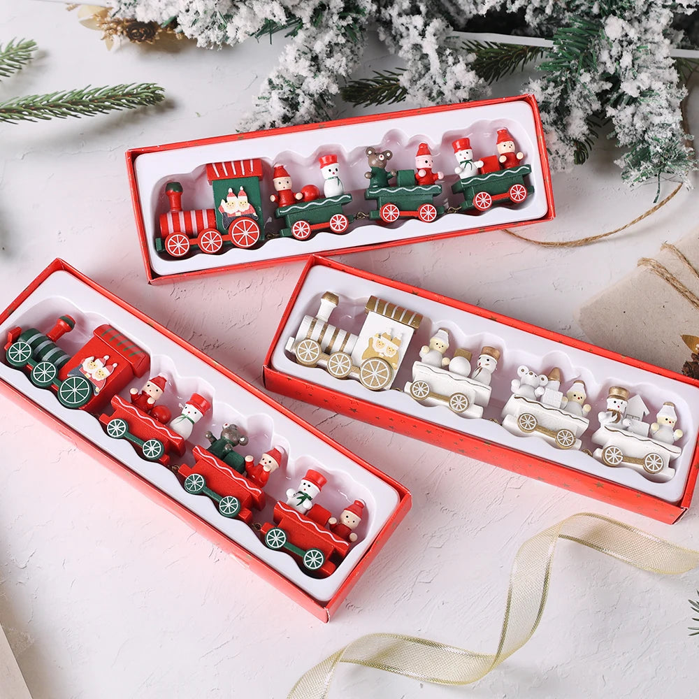 Wooden Train Christmas Ornaments Santa Cake Decoration Merry Christmas Navidad New Year Party Table Decoration Kids Gifts Toys