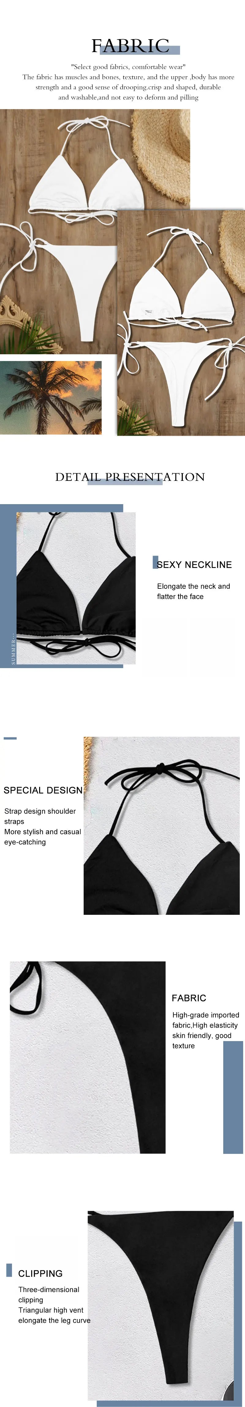 2025 New Women's Solid-color Separate Beach Wear Sexy Halter Three-point Bikini Backless Adjustable Lace-up Swimsuit