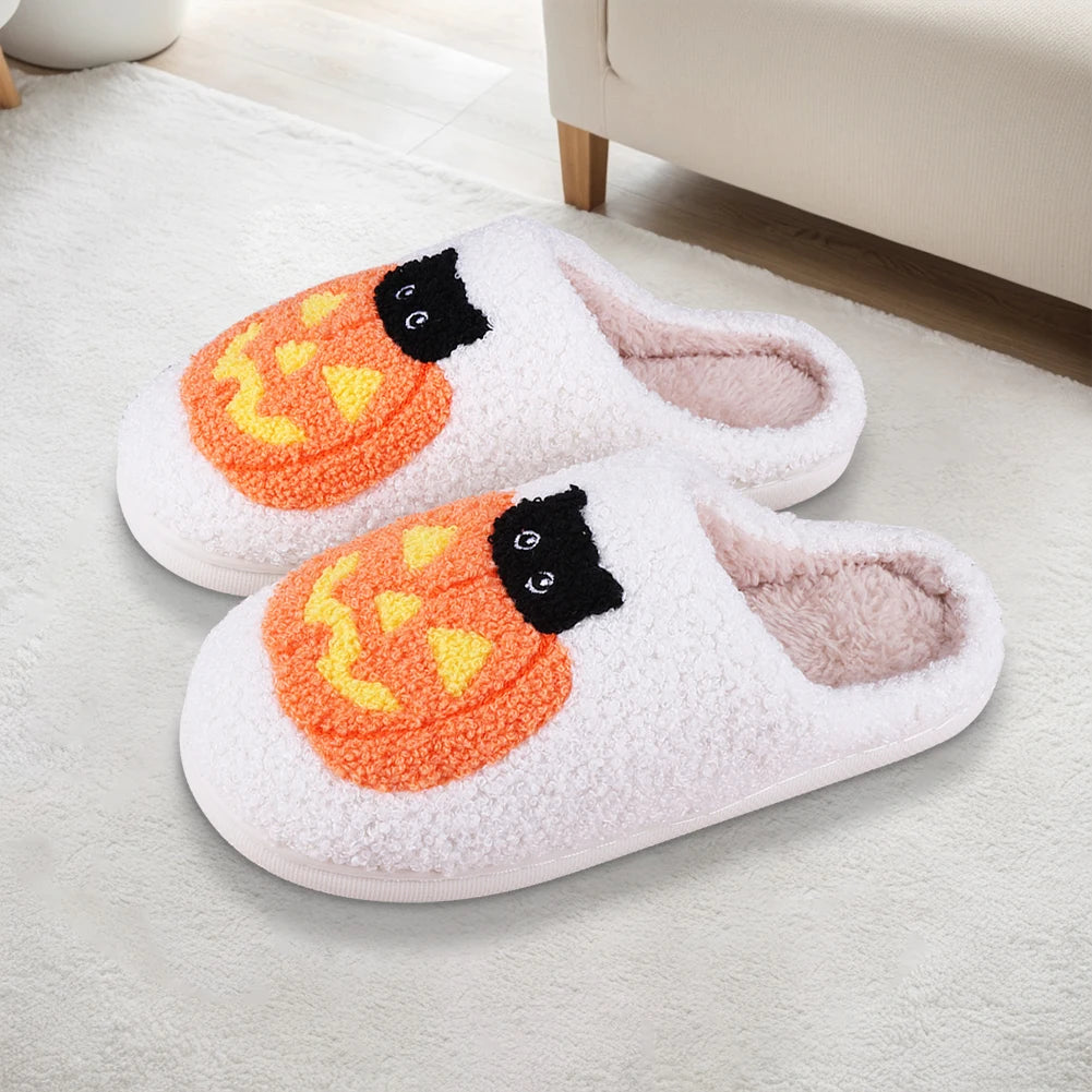 Halloween Pumpkin Cat Slippers Plush Closed Toe Slippers Flat Thermal Slippers Fuzzy Pumpkin Slippers for Outdoor Indoor Bedroom