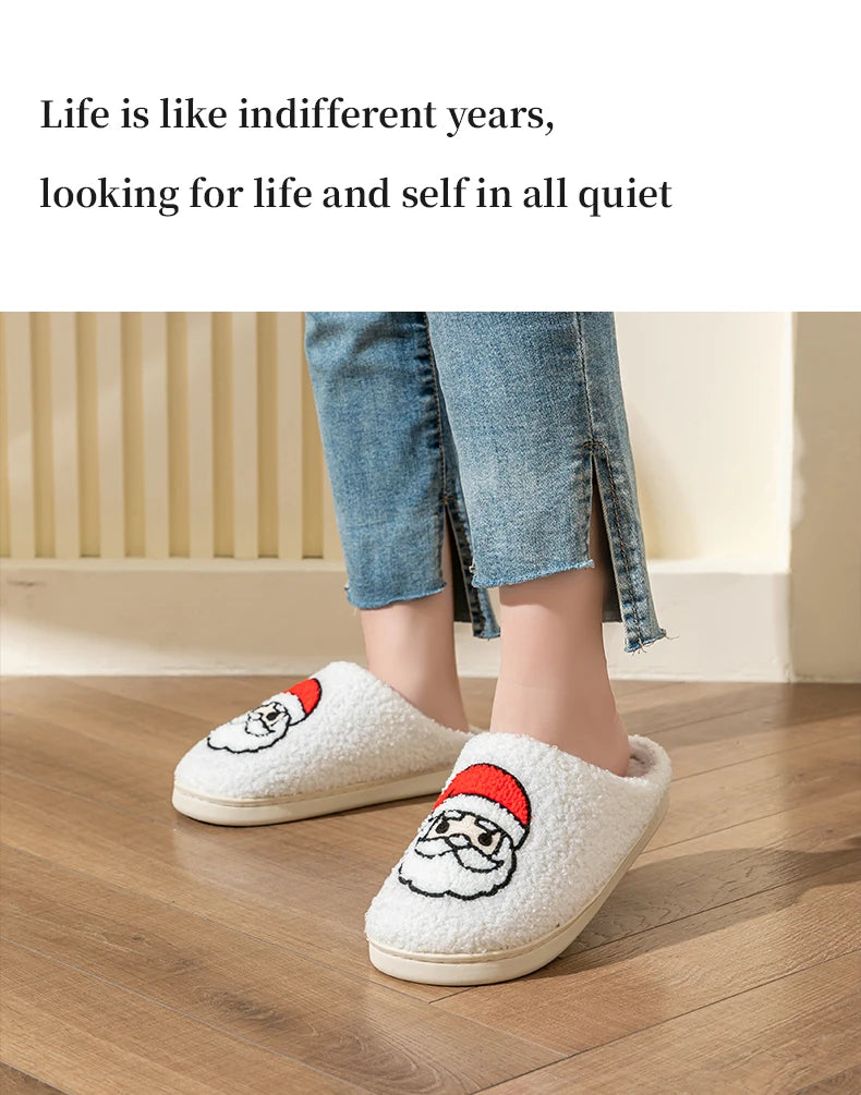Christmas Home Warming Slippers for Women in Autumn and Winter Indoor Slip-Resistant Plush Home Shoes with Christmas Hat Unisex