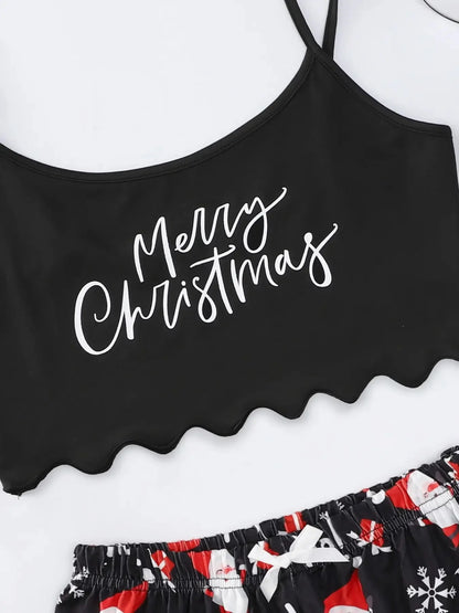 Women's 2pcs Cute Soft Comfy  Christmas Sexy Sleepwear  Santa Print Sleeveless  Cami Top & Shorts Homewear Pajama Set Loungewear