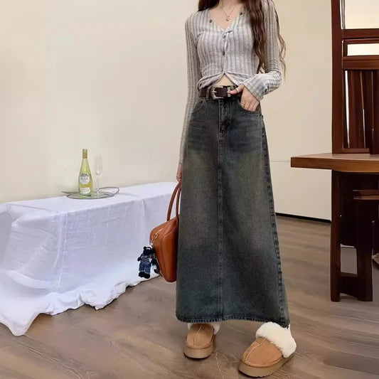 2024 Summer New Concrete Greydenim Skirt Vintage Loose-Fit Straight-Leg A- Line Medium Long Dress Trendy Flow