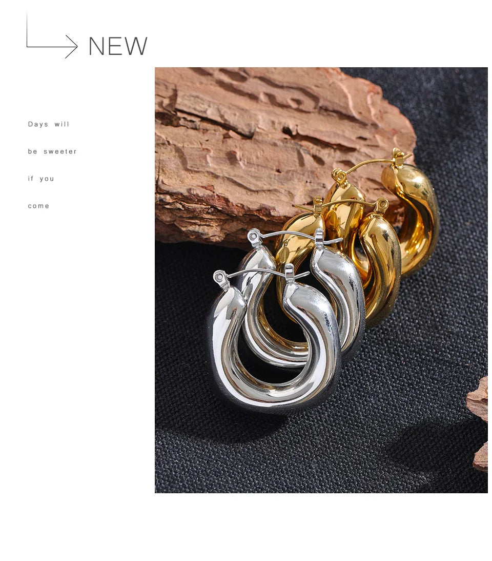 Yhpup High Quality Stainless Steel Round Geometric Chunky Hoops Earrings for Women Charm Metal Simple Fashion Jewelry Waterproof