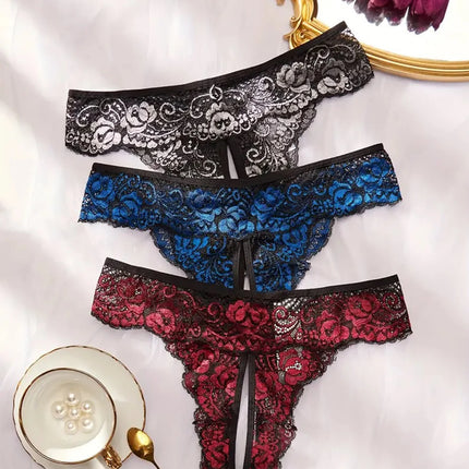 Transparent Lace Romantic Floral Thong Soft & Seductive Open Crotch Women's Underwear Sexy G-string Comfortable Female Lingerie
