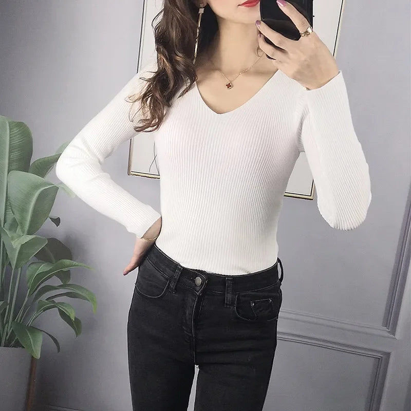 Women Solid Rib Knit V Neck Stripe Pull Sweater Autumn Femme Y2k Long Sleeve Pullover Jersey Tops Fashion Clothes
