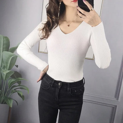Women Solid Rib Knit V Neck Stripe Pull Sweater Autumn Femme Y2k Long Sleeve Pullover Jersey Tops Fashion Clothes