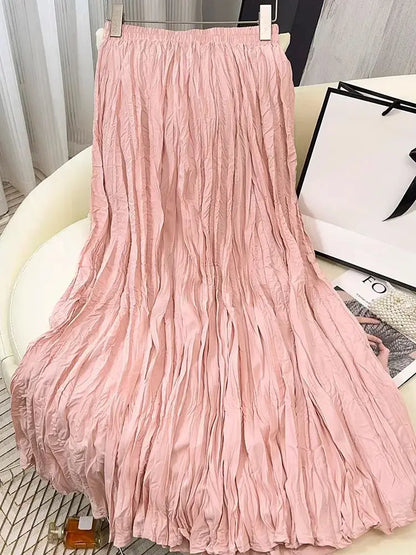 Spring Summer Elastic Waist Skirts Women Wrinkled Soft Solid A Line Long Skirt With Linning