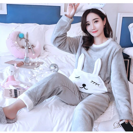 Fleece Thick Warm Women's Pajamas Set Winter Sleepwear Casual Solid Top and Plaid Pants Soft Pijamas Set for Women Home Suit
