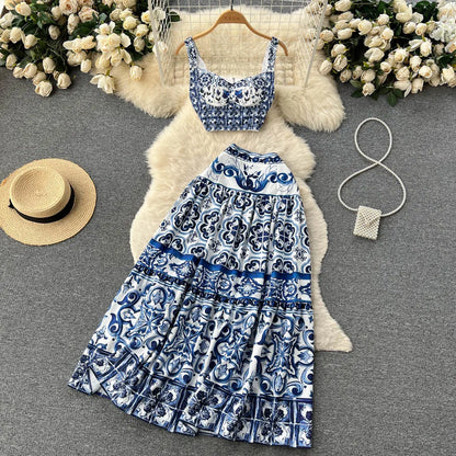 JAMERARY Summer Runway Blue And White Porcelain Two Piece Set Women Flower Print Short Crop Top + Holiday Beach Maxi Skirt Suits
