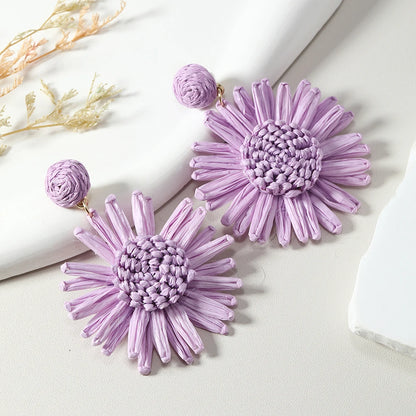 Summer New Simple Lafite Grass Sunflower Ethnic Style Beach Vacation Vine Weaving Handmade Grass Weaving Earrings