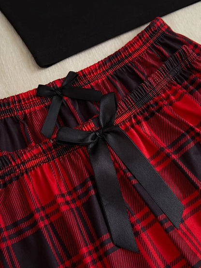 3Pcs Women's Pajama Set Camisole Shorts Trousers Three-Piece Bow Tie Home Wear Set Plaid Print Sleepwear for Women Christmas pjs