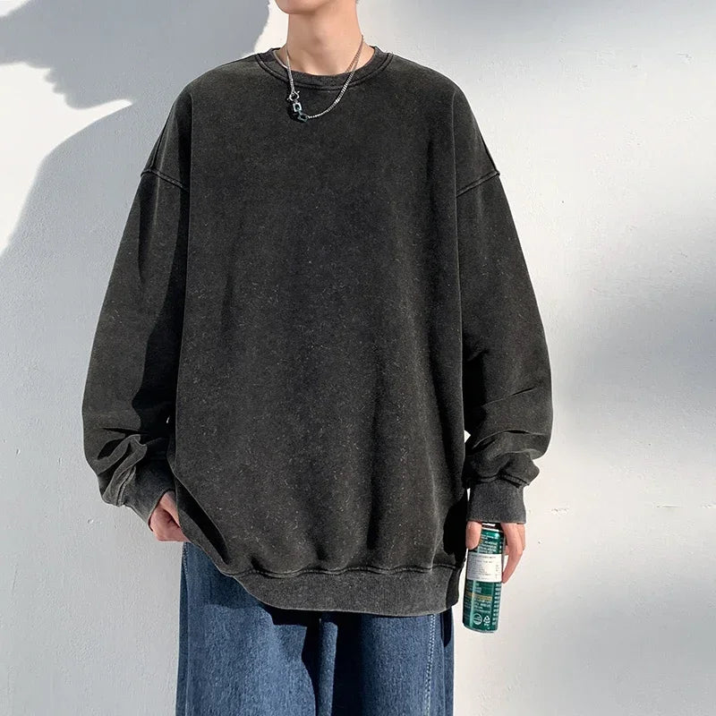 New Autumn Round Neck Washed  Men's Hoodie Sweatshirt  Couple Long Sleeve Loose Europe and America Street Boy Pullover Sweater