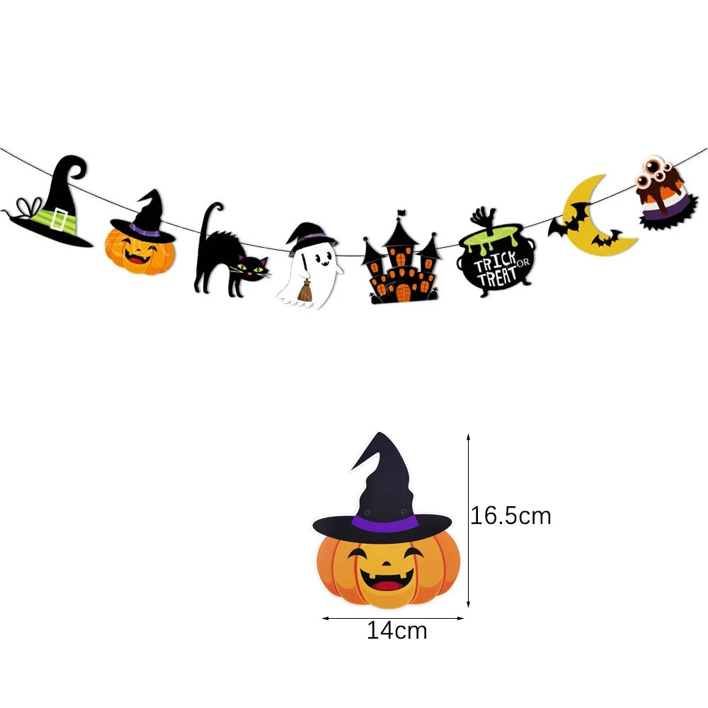 Halloween Hanging Banner Garland Bunting Pumkin Ghost Bat Paper Banner Door Hanging Ornaments Halloween Xmas Party Decoration