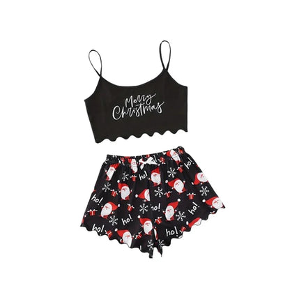 New Women's Christmas Pajama Set Thin Suspender Top with Santa Claus Printed Shorts Casual Homewear Suspender Shorts