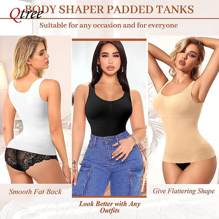 Qtree Women Tummy Control Shapewear Classic 2-IN-1 with Padded Bra High Elastic Strench Vest Body Shaper Slim Up Lift Corset