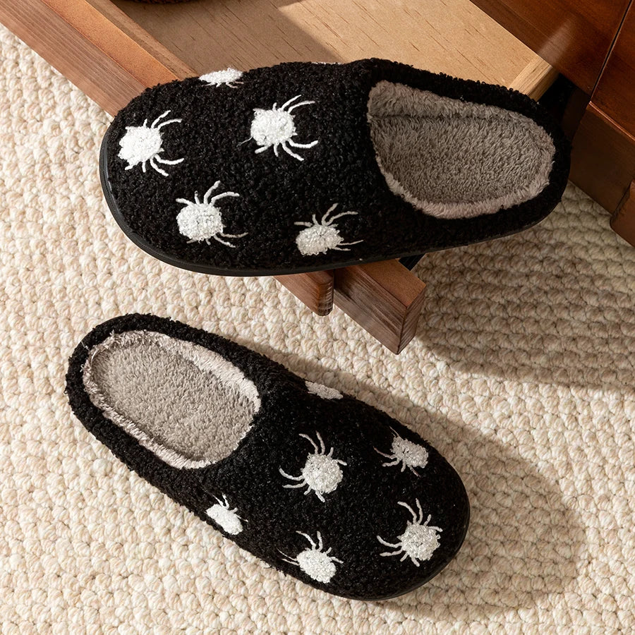 Women Halloween Fashion Cute Little Spider Winter Slippers Indoor Warm Comfort Soft Sole Non Slip Leisure Bedroom Plush Shoes