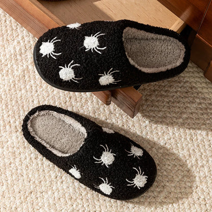 Women Halloween Fashion Cute Little Spider Winter Slippers Indoor Warm Comfort Soft Sole Non Slip Leisure Bedroom Plush Shoes