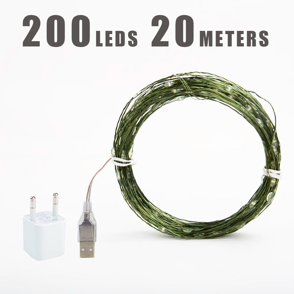 200m Christmas Green Cable LED String Fairy Lights Garland Outdoor Waterproof Decoration Lamp For Party Halloween Garden House