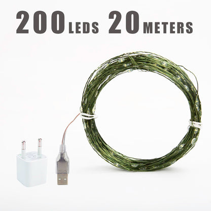 200m Christmas Green Cable LED String Fairy Lights Garland Outdoor Waterproof Decoration Lamp For Party Halloween Garden House
