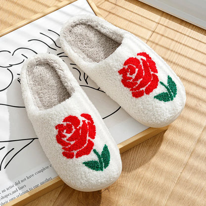 Romantic Rose Women Slippers Valentine's Day Embroidery Fuzzy Love Comfy Flat Bedroom Valentine Gift Winter Home Girls Shoes