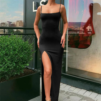 Women Summer Sexy Bodycon Dress Lady Sexy Spaghetti Strap Sleeve Split Solid Color Sheath Dress Vestidos