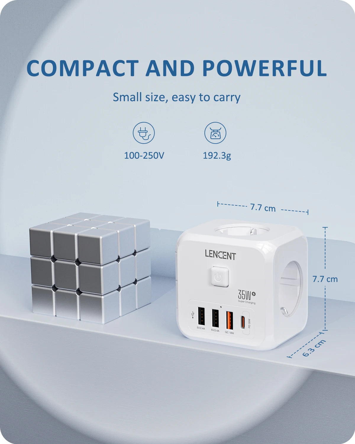LENCENT EU Plug Power Strip Wall Socket with 3 AC+3 USB QC 18W +1 Type C PD 35W Fast Charger Adapter 7-in-1 Socket On/Off Switch