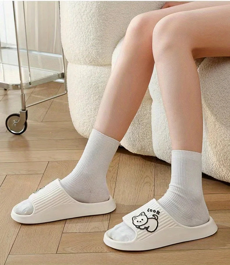 Fun Comfortable Women's SLippers Chic Cartoon Kawaii Cat Print Slides Slip-on Bathroom EVA Flat Heel Indoor Summer Fashion