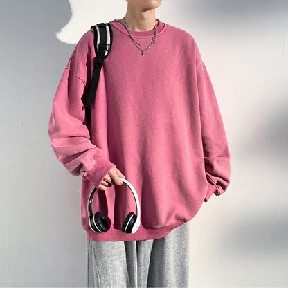 New Autumn Round Neck Washed  Men's Hoodie Sweatshirt  Couple Long Sleeve Loose Europe and America Street Boy Pullover Sweater