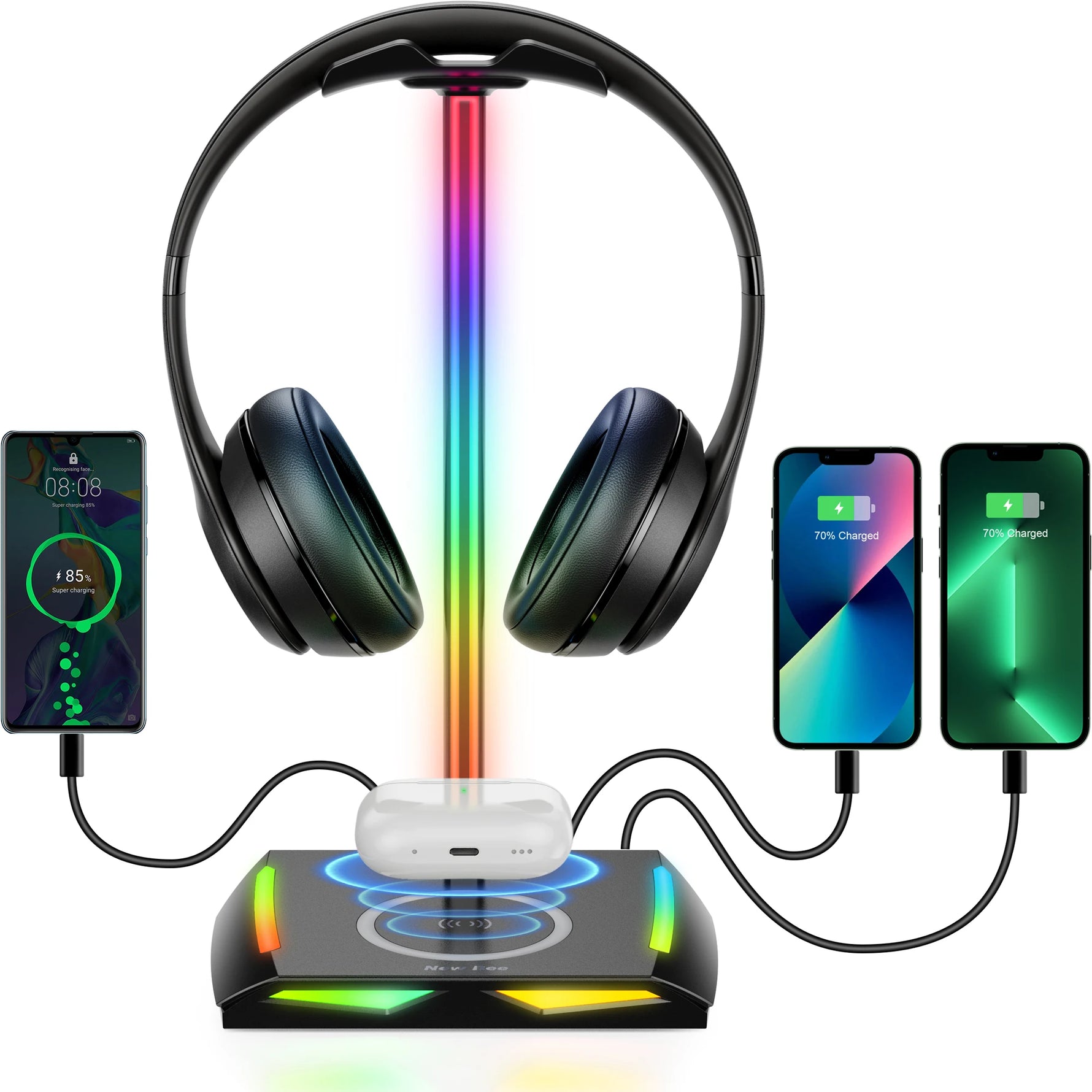 RGB Headphones Stand Holder Desk Gaming Headset with 2 USB Ports Cool Display Holder Non-Slip Rubber Base for Gamer
