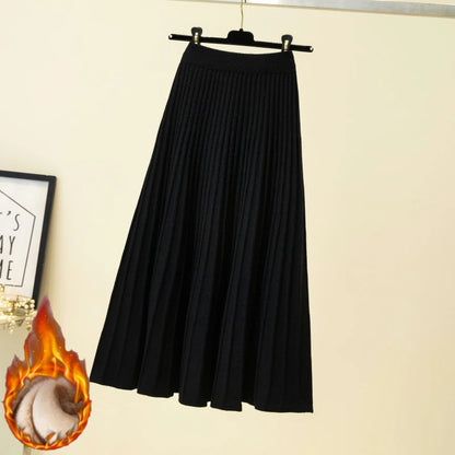 2024 Brand Designer Women Autumn Winter Thick Elegant Chic Solid Pleated Skirt High Waist Luxury Fashion With Elastic Female