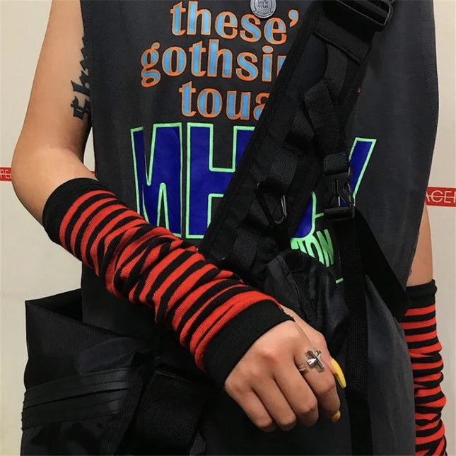 Winter Warm Long Sleeves Gloves for Man Women Fingerless Stripe Hip-Hop Knitted Elbow Mittens Elastic Outdoor Warmer Arm