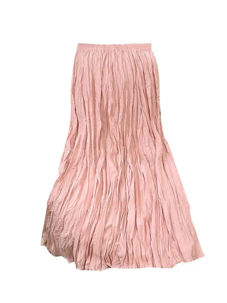 Spring Summer Elastic Waist Skirts Women Wrinkled Soft Solid A Line Long Skirt With Linning