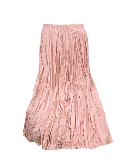Spring Summer Elastic Waist Skirts Women Wrinkled Soft Solid A Line Long Skirt With Linning