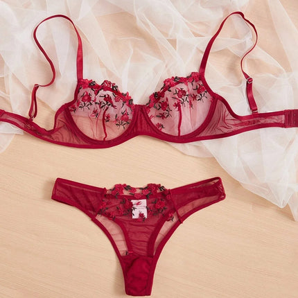 Women Floral Embroidory Underwear Set Sexy Lace Erotic Lingerie Female Bra And Brief Transparent Sensual Push Up Panty Patchwork