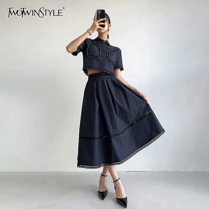 TWOTWINSTYLE Casual Two Piece Set For Women Lapel Short Sleeve Top High Waist A Line Skirt Minimalist Sets Female Fashion New