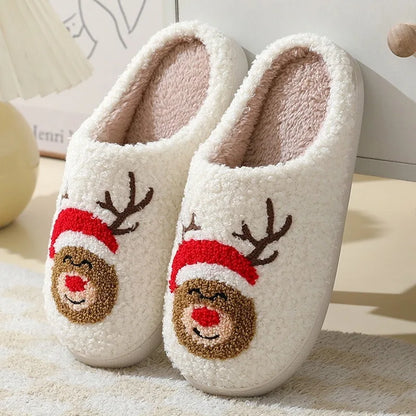 Christmas Elk Cotton Slippers For Women Men Winter Cute Cartoon Slippers Indoor Non Slip Couple Floor Slides Home Plush Shoes