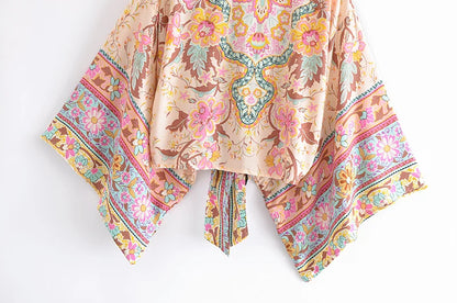 Boho Vintage Floral Print Beach Summer Short Kimono Women Fashion Ladies Casual V Neck Batwing Sleeves Bohemian Cover-ups